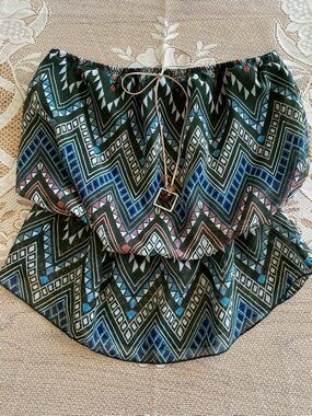 Y2K Candy Couture Strapless Peplum Top - Forest Green with Blue & Coral Accents